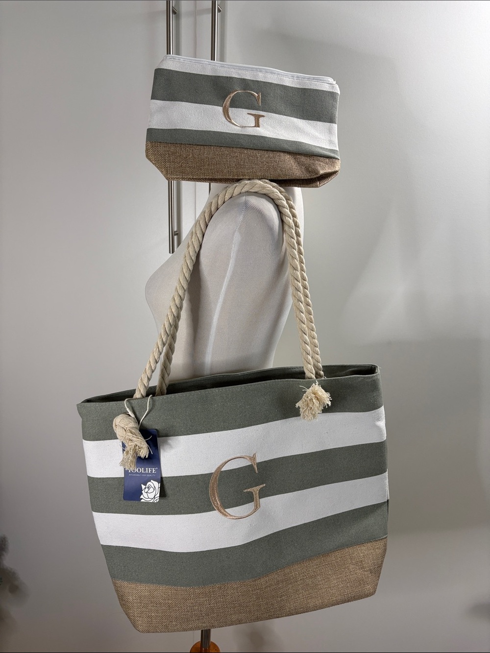 G Monogram Olive Green and White Striped Canvas Tote with Pouch